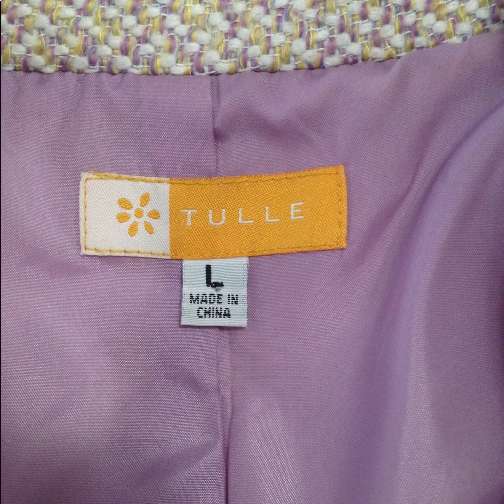 NEW Tulle Coat Lined Lightweight Lavender Accents Fringed Belt Wool Blend Medium - Picture 7 of 9